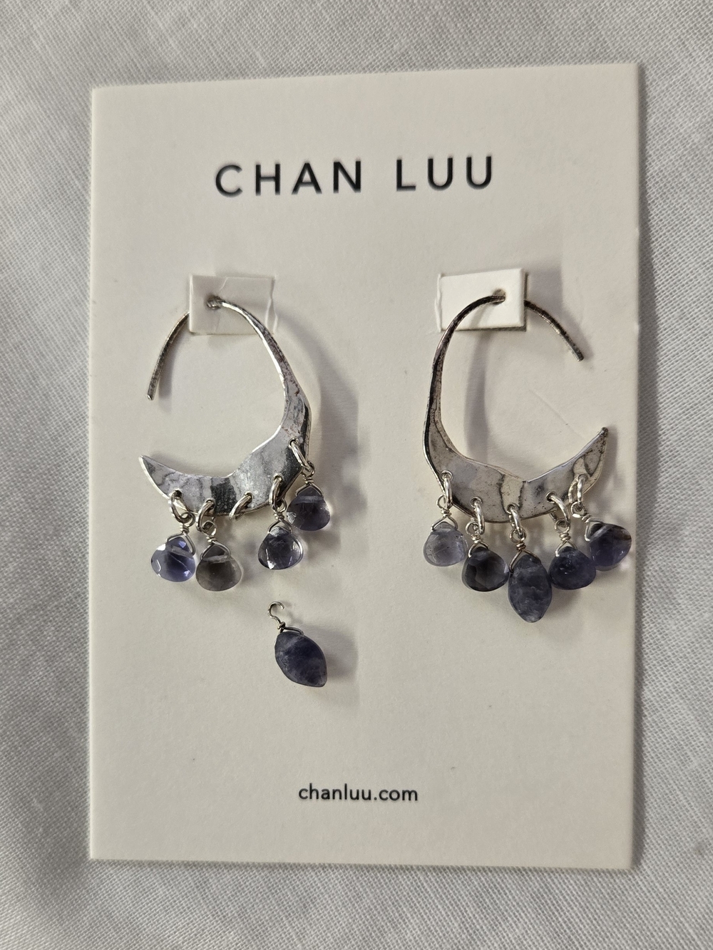 Chan Luu Sterling Silver Hoops with Purple Stone Drops. **Stone Needs Repair**